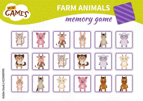 Memory game for preschool children, vector cards with farm animals. Find two identical picture. Kids activity page for book. 