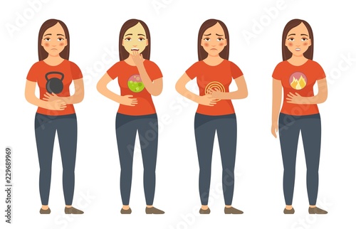 Symptoms of stomach diseases - heartburn, vomiting, pain, heaviness. A cartoon character. Flat illustration