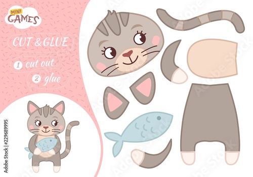 Education paper game for preshool children. Vector illustration. Cartoon cute cat.