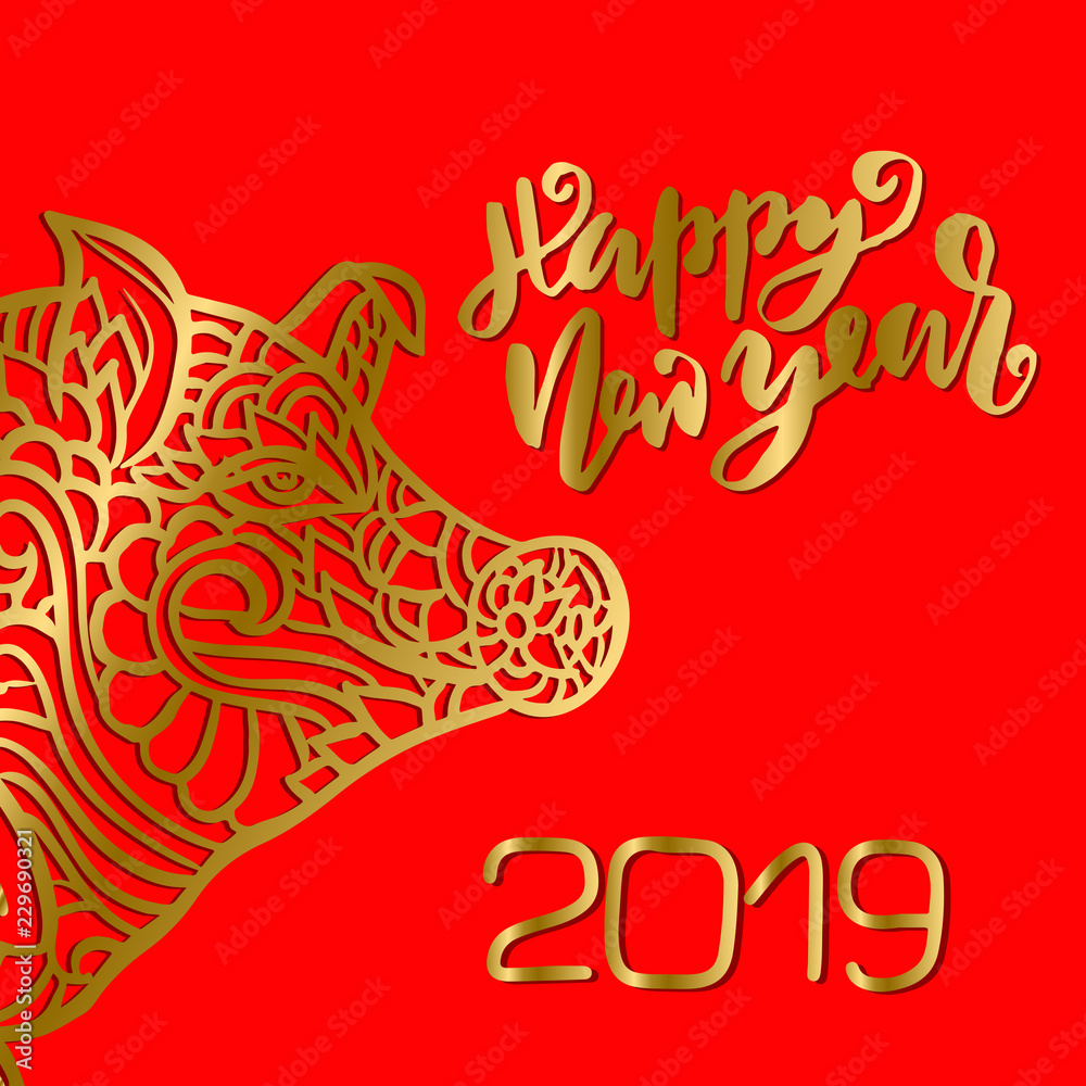 Fototapeta premium Asian new year sign. Mandala style pattern. Gold pig. 2019 vector illustration.