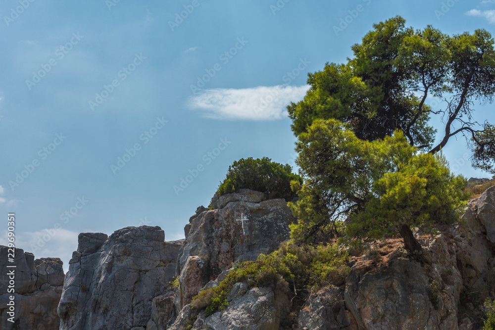 Mediterranean beach, cloudy weather at summer. Texture, background concept.