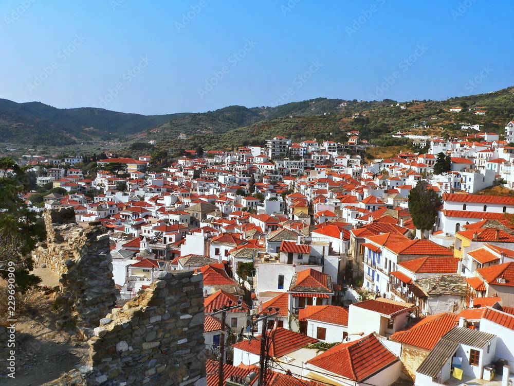 Greece-view from the castle to the town of Skopelos