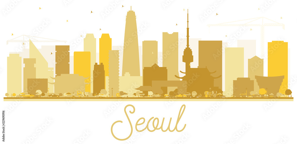 Seoul Korea Skyline Silhouette with Golden Buildings Isolated on White.