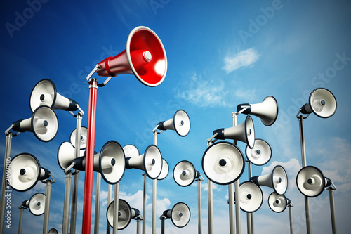 Red megaphone covering higher ground stands out among others. 3D illustration