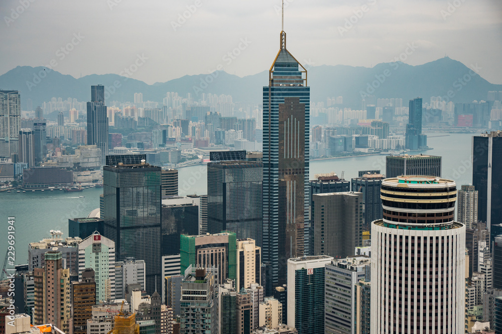 Hazy view of Hong Kong skyscrapers 