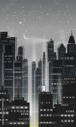 Night city, city scene, skyscrapers, towers, starry sky, lights, horizon, perspective, background, vector, isolated