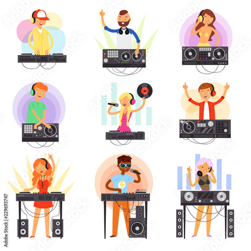 DJ music vector discjockey people character playing disco on turntable sound record in nightclub set of jockey boy girl with audio equipment for playback vinyl discs isolated on white background