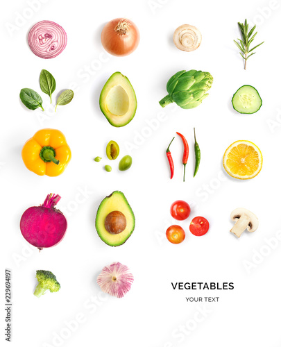 Creative layout made of avocado, tomato, onion, beetroot, pepper, artichoke, broccoli and cucumber on the white background.. Flat lay. Food concept.  photo