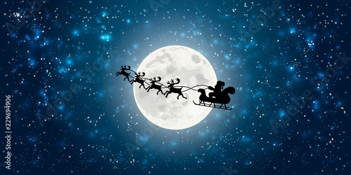 santa claus flying in sledge with reindeers night sky over full moon merry christmas happy new year  winter holidays concept horizontal flat vector illustration