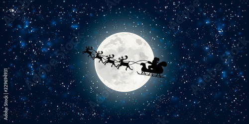 santa claus flying in sledge with reindeers night sky over full moon merry christmas happy new year  winter holidays concept horizontal flat vector illustration