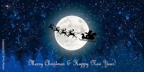 santa claus flying in sledge with reindeers night sky over full moon merry christmas happy new year  winter holidays concept horizontal flat vector illustration