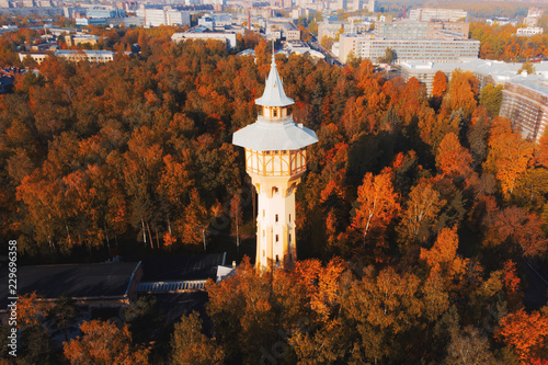 Drone photo view of the tower in the Park of Polytechnic University in St. Petersburg