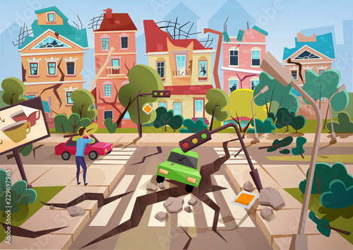 Earthquake Disaster with realistic ground crevices and small destroyed town houses vector illustration design.