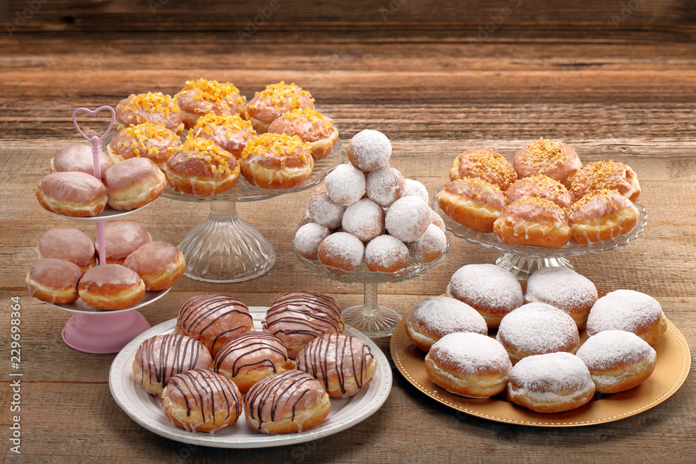 Different types of traditional Polish homemade donuts and empty space for text