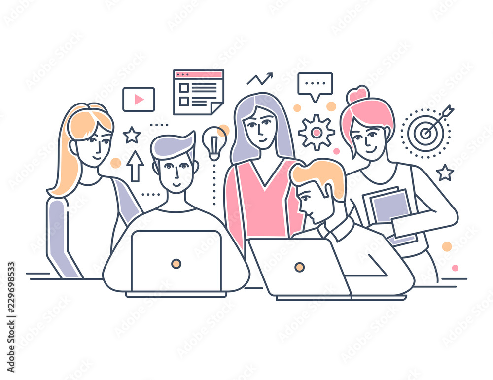 Vector Flat line design banner concept of team and teamwork. Office people desktop together. Vector Flat line design banner concept of team and teamwork. Office people desktop together.