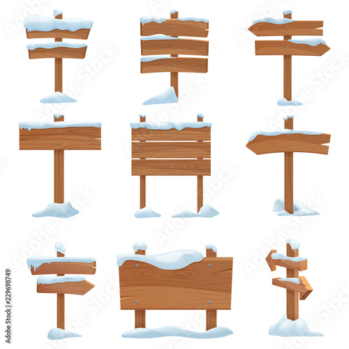 Cartoon wooden winter signs with snow caps set vector illustration.