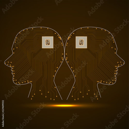 Abstract neon two human head with cpu, circuit board