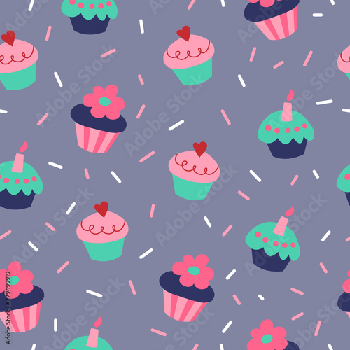 Cute seamless pattern with cupcakes on gray background