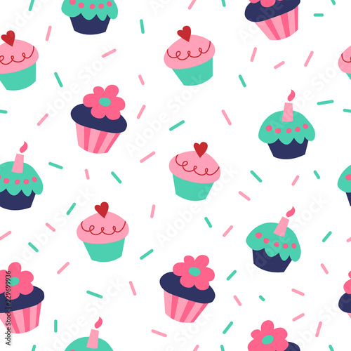 Cute seamless pattern with cupcakes on white background