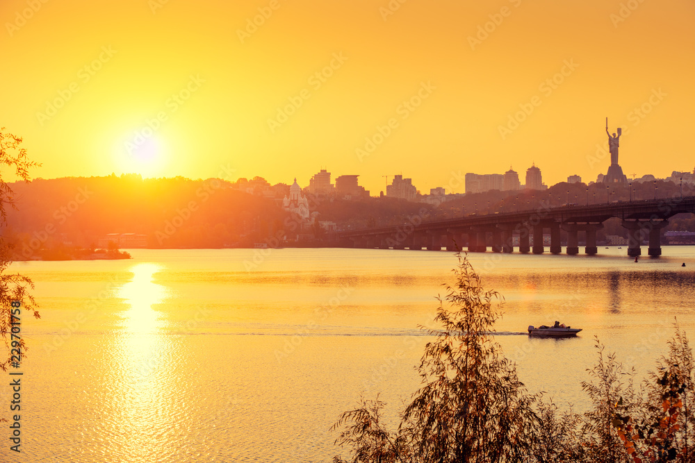 Skyline, Kiev city in the evening. Right bank of the Dnieper River