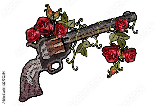 Embroidery guns and flowers roses. Template for clothes, textiles, t-shirt design. Symbol of romanticism and crime