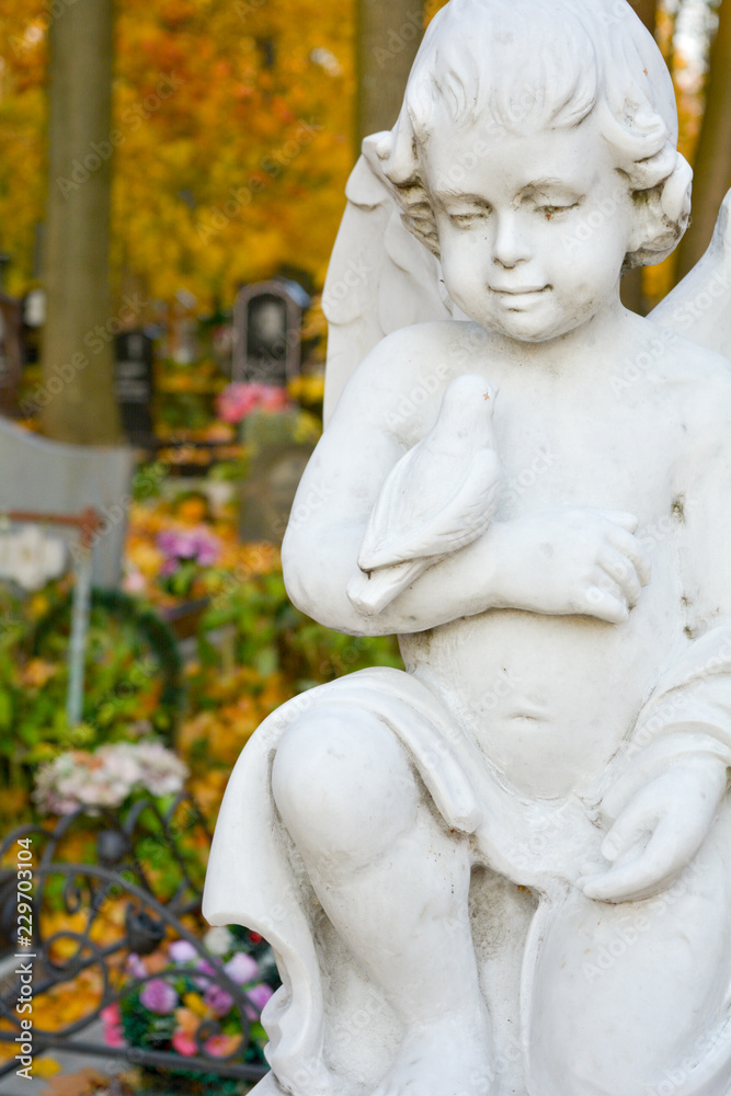 White Stone Sculpture of Guardian Little Angel
