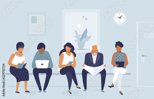 Group of people waiting for job interview in office, queue of men and women, flat character design, vector illustration photo
