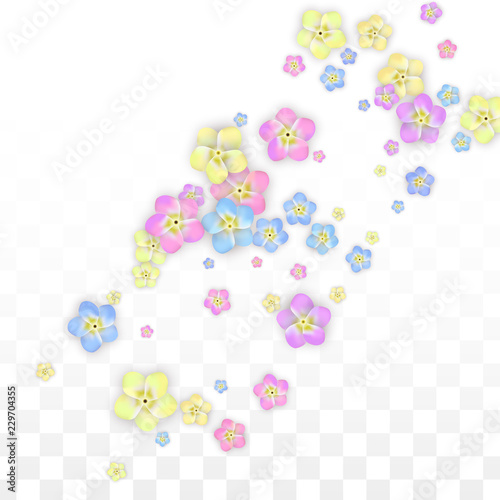 Blue Vector Realistic Blue Petals Falling on Transparent Background.  Spring Romantic Flowers Illustration. Flying Petals. Sakura Spa Design. Blossom Confetti. Design Elements for Wedding Decoration.