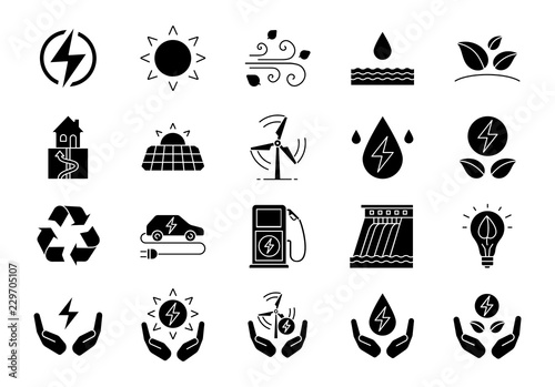Alternative energy sources glyph icons set