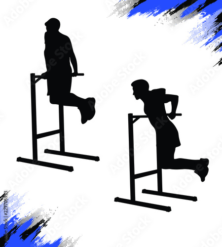 Silhouette of a man doing dips on parallel bars during his crossfit training. Street workout exercise. Strength body weight training. Vector illustration isolated on white background.