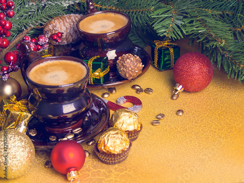 Christmas compositions in vintage style with cups of coffee, balls, gifts and decorations