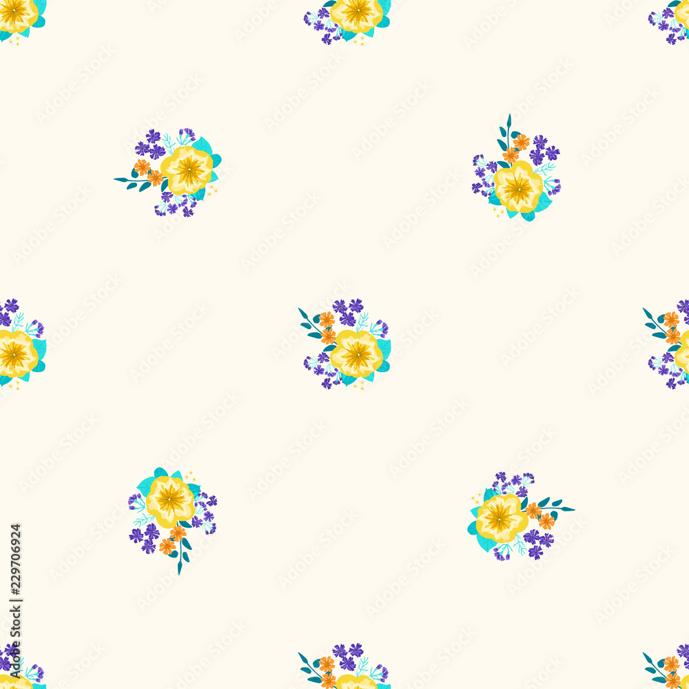 Simple cute pattern in small-scale flowers of petunias. Millefleurs. Regular order. Floral seamless background for textile or book covers, manufacturing, wallpapers, print, gift wrap and scrapbooking.