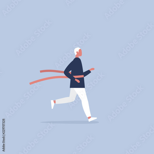 Young running character crossing the finish line. Red ribbon. Race. Competition. Flat editable vector illustration, clip art