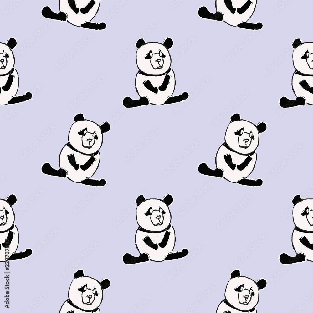 Obraz premium Hand drawn style of pandas on cream purple color background