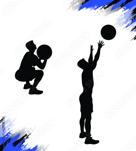 Male silhouette throwing medicine ball (medball) while his crossfit training doing the wall ball exercise. Conditioning and stamina workout. Vector illustration for web and printing. 