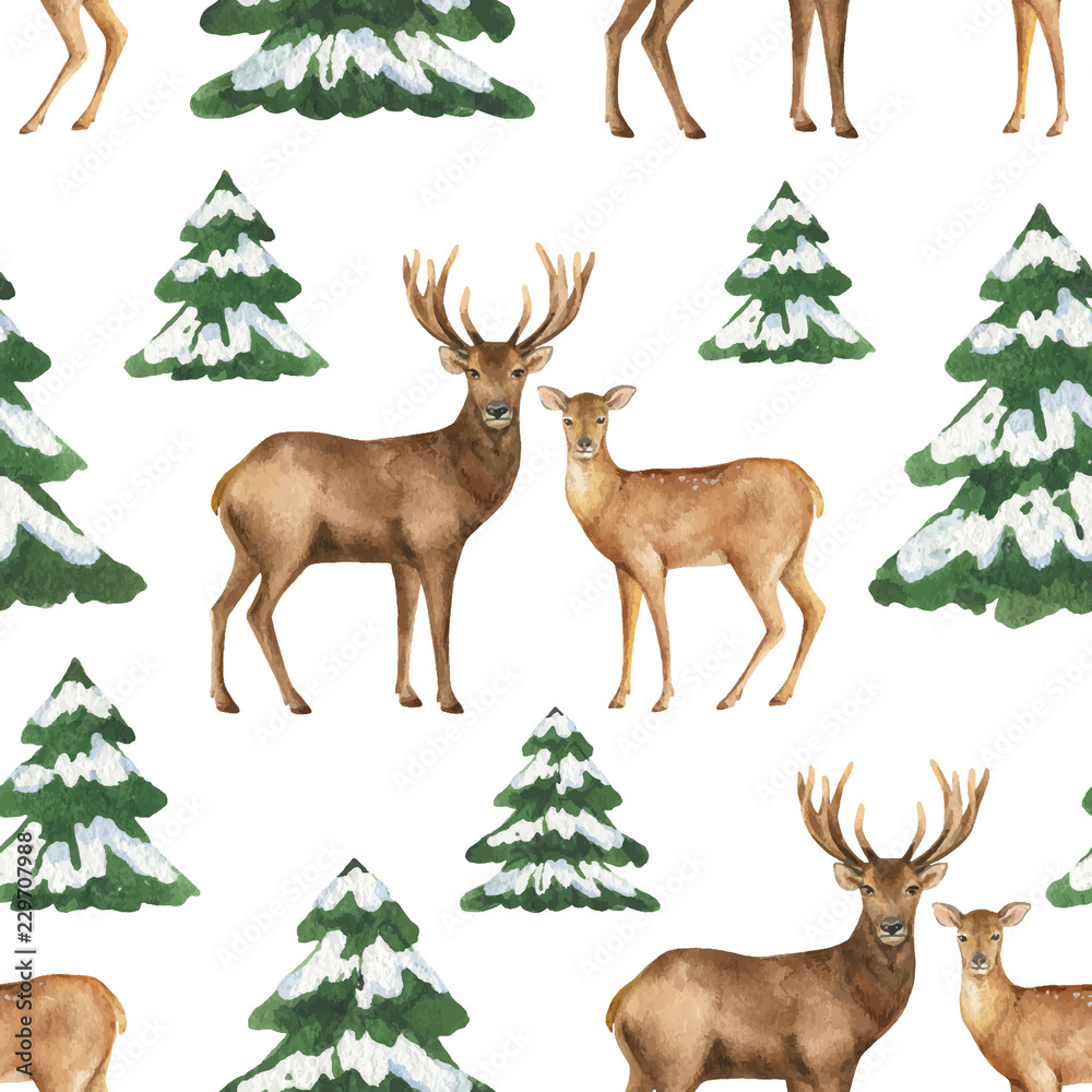 Obraz Akwarela wektor Boże Narodzenie bezszwowe wzór z jelenia i zielone jodły.