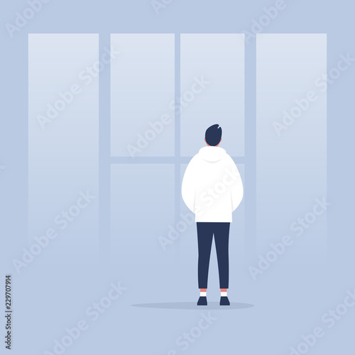 Contemplate. Meditate. Harmony. Young calm character looking through the window. Back view. Conceptual illustration, clip art