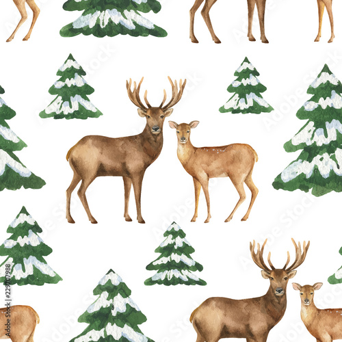 Obraz na płótnie Akwarela wektor Boże Narodzenie bezszwowe wzór z jelenia i zielone jodły.