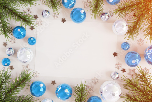 Christmas card mockup with blue baubles 3D rendering
