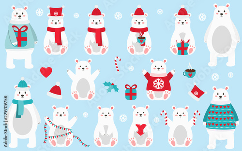 Cute cartoon polar bear Christmas and New Year set. Baby bear with mother. Flat design vector illustration.