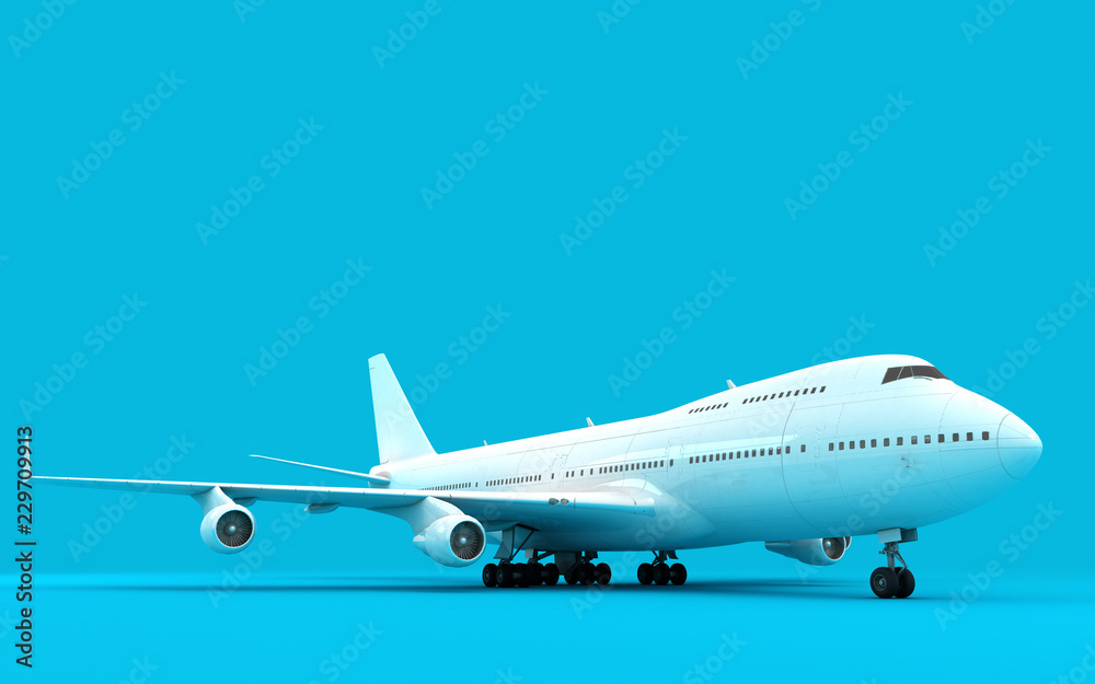 3D illustration of airplane boeing 747 stands still isolated on blue background. Ready to take-off. Front view. Perspective.