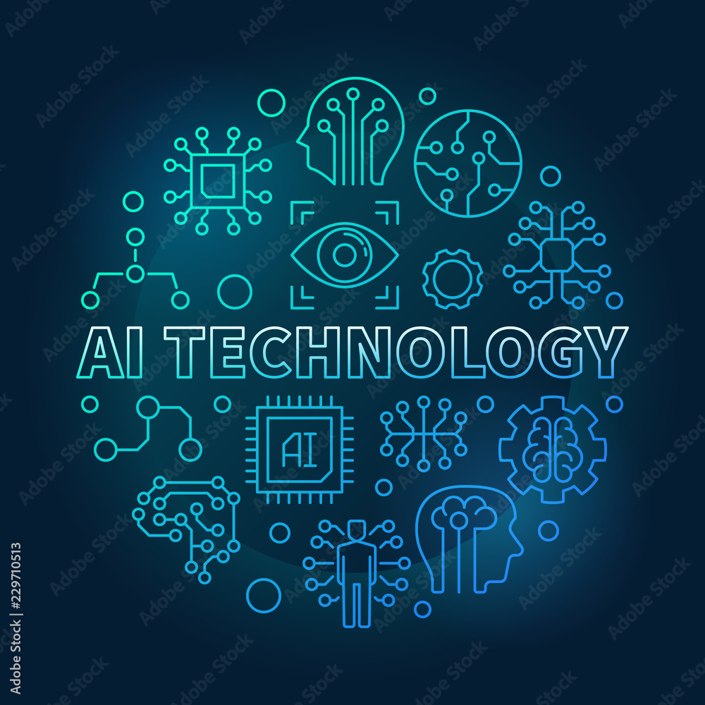 AI technology round blue vector linear illustration AI technology round blue vector linear illustration
