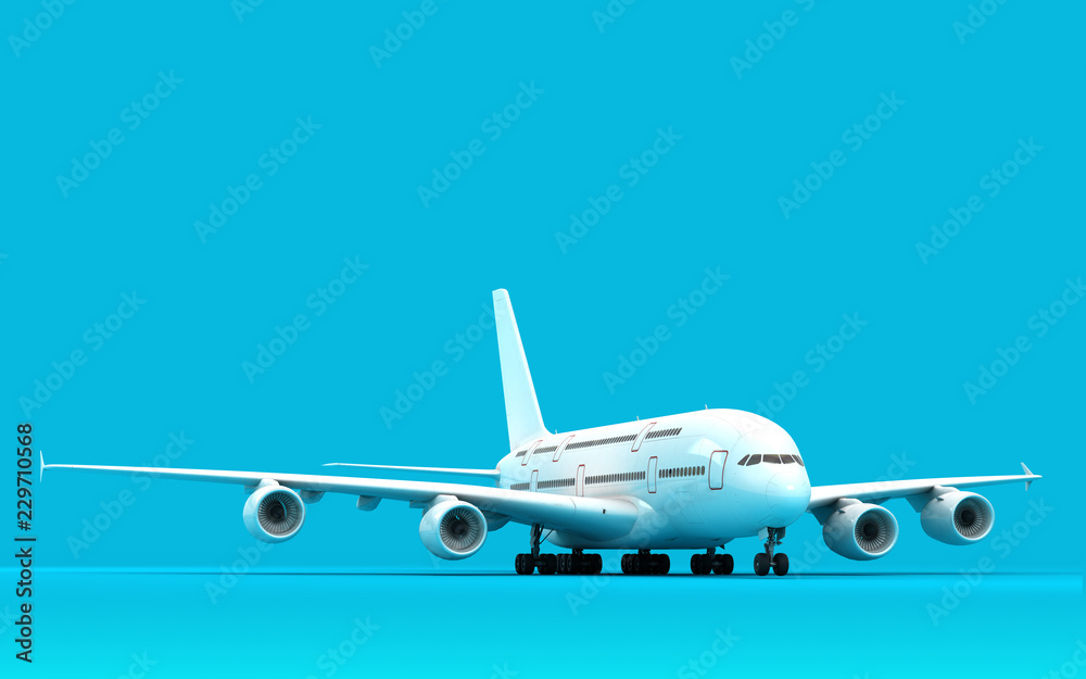 Fototapeta White airplane Airbus A380 ready to take-off isolated on blue background. Front view. 3D illustration.
