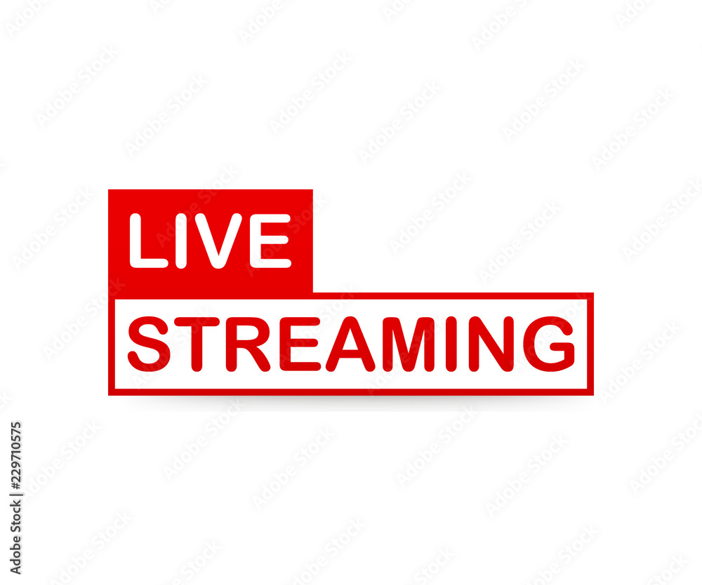 Live Streaming label. Red vector design element with play button for news and TV or online broadcasting. Vector illustration Live Streaming label. Red vector design element with play button for news and TV or online broadcasting. Vector illustration