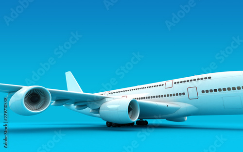 Airplane Airbus A380 ready to take-off isolated on blue background. Right side view. 3D illustration.