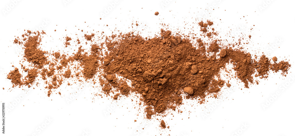 Pile cocoa powder isolated on white background. Top view Pile cocoa powder isolated on white background. Top view