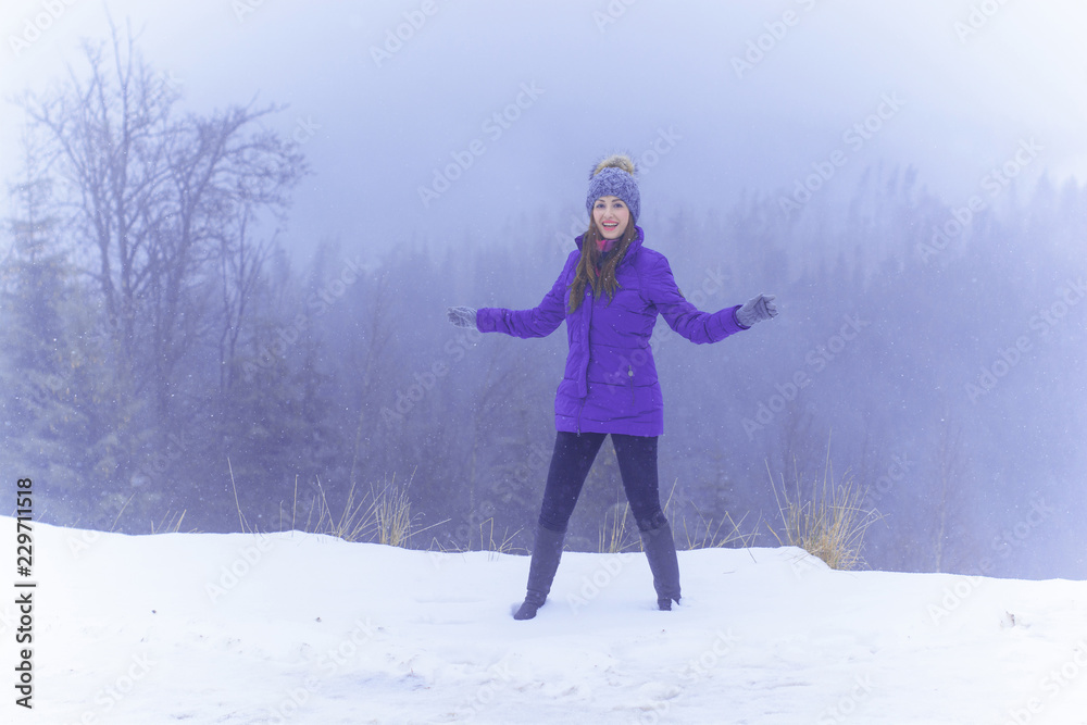 Winter holiday concept. Inspiration and fairy cold time. Girl having fun at holidays. Pretty nice lady outdoor, holiday days, snowy magical christmas time  