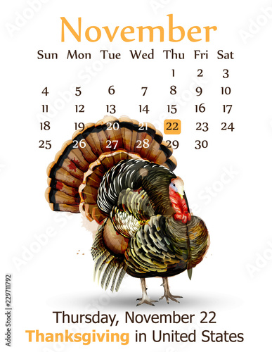 Thanksgiving Day calendar background Vector. Turkey bird watercolor detailed ...