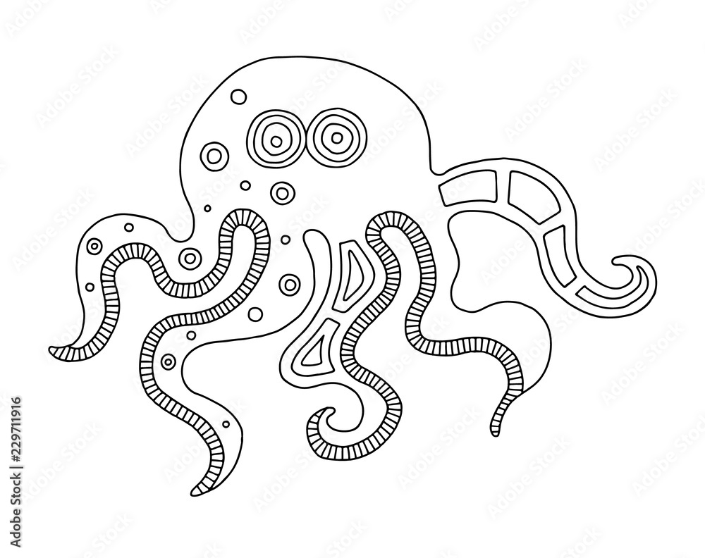 Vector hand drawn black and white illustration of isolated octopus with decorative geometrical elements, lines, dots. Picture for coloring. Line drawing.
