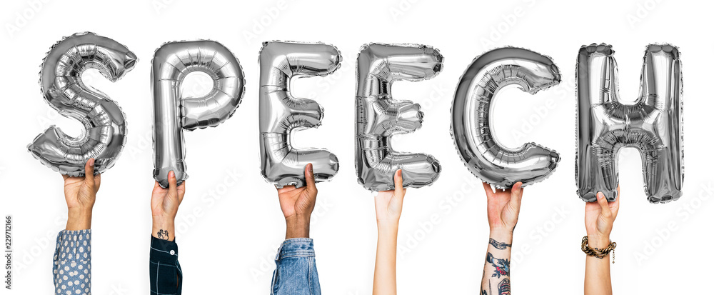 Silver gray alphabet balloons forming the word speech